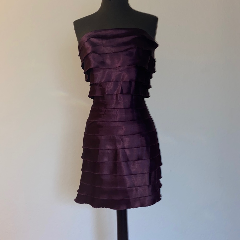 Dark purple strapless layered satin mini dress
